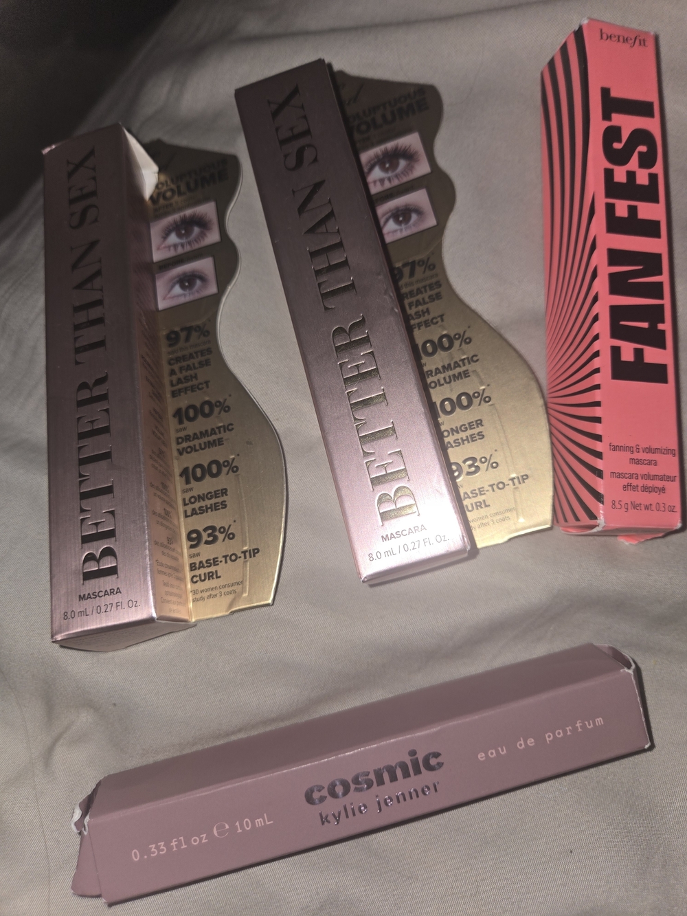 Benefit mascaras & Kylie Jenner Cosmic perfume trio – pink and gold packaging